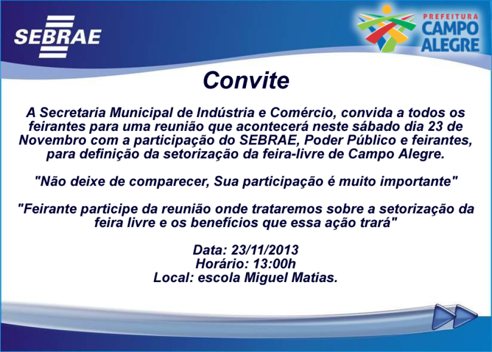 Convite - Reunião sobre a setorização da Feira-livre de Campo Alegre