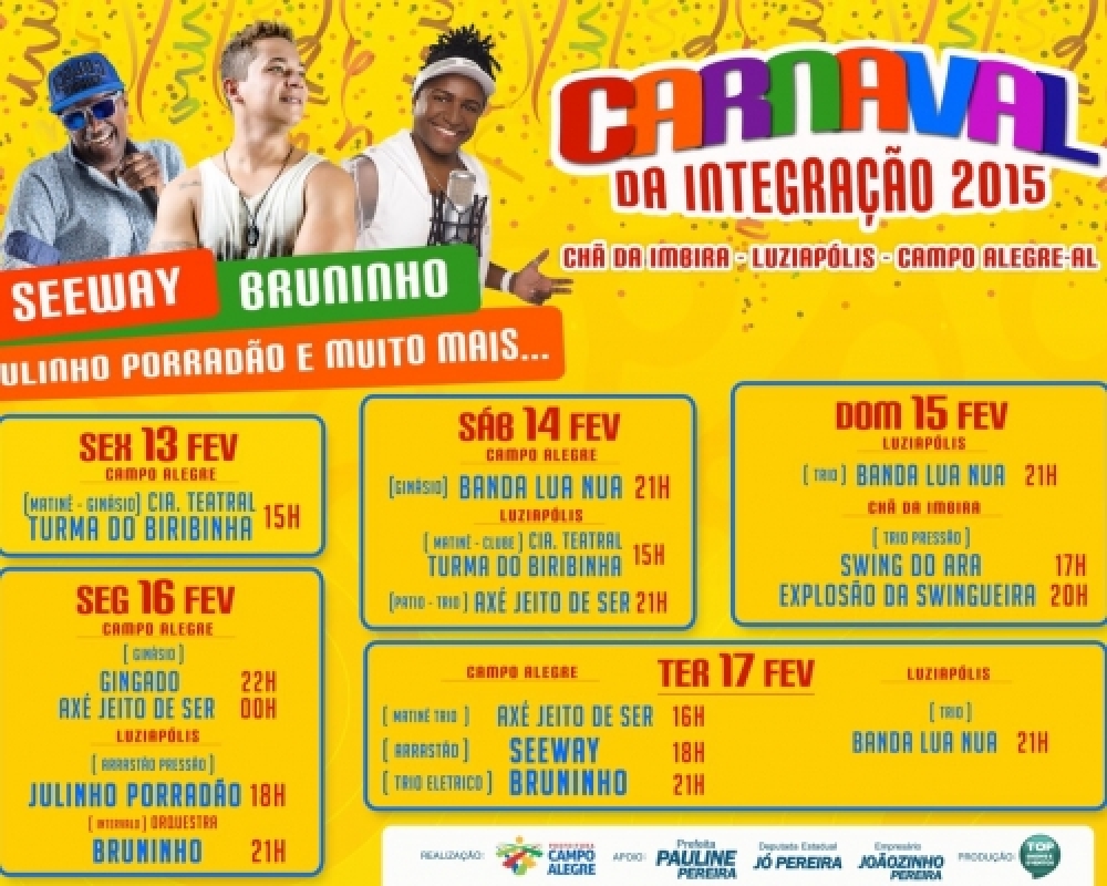 Prefeitura de Campo Alegre divulga Programação Oficial Carnaval 2015 