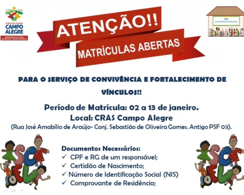 Abertas inscrições para o Serviço de Convivência e Fortalecimento de Vínculos 