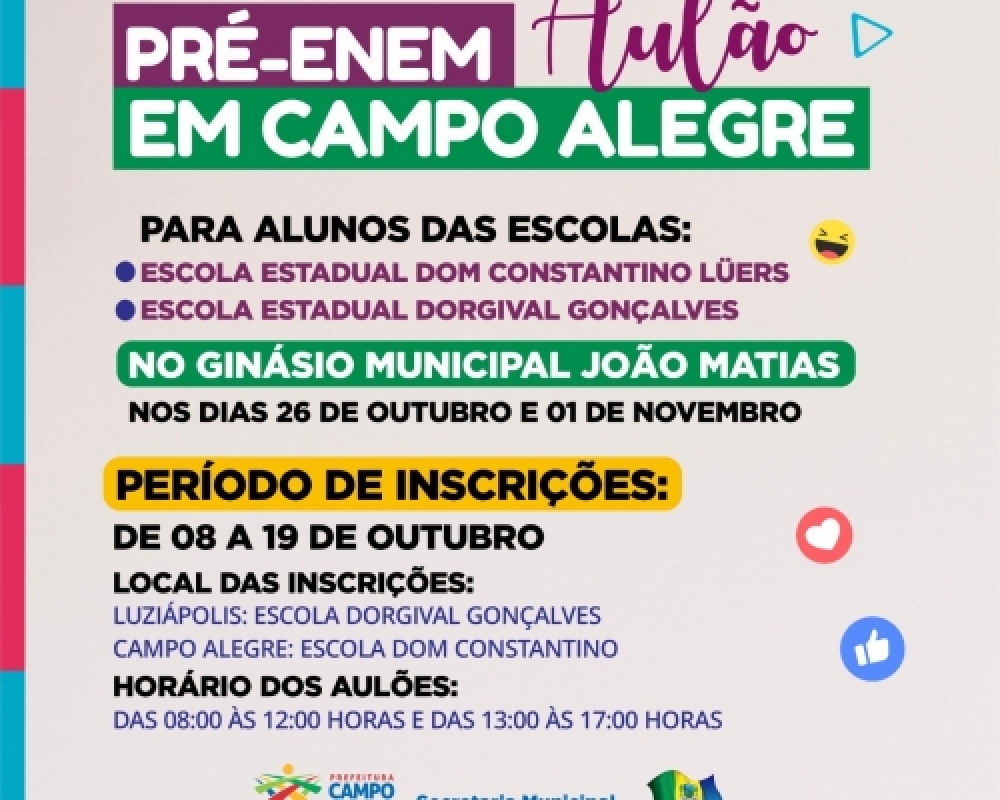 Prefeitura de Campo Alegre ofertará aulões gratuitos para o Enem 2019