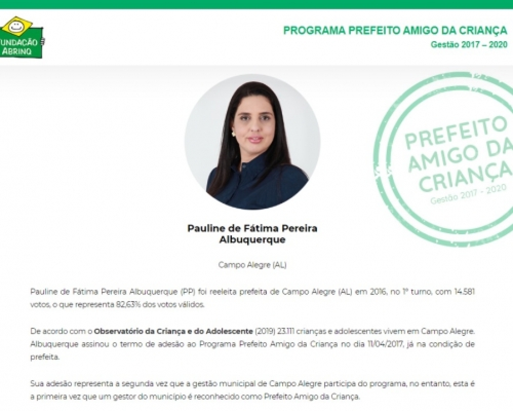 Reconhecimento: Campo Alegre receberá o prêmio Prefeito Amigo da Criança da Fundação Abrinq 