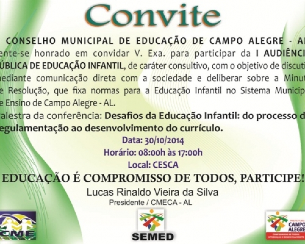 	 Conselho Municipal de Educação de Campo Alegre realizará I Audiência Pública de Educação Infantil