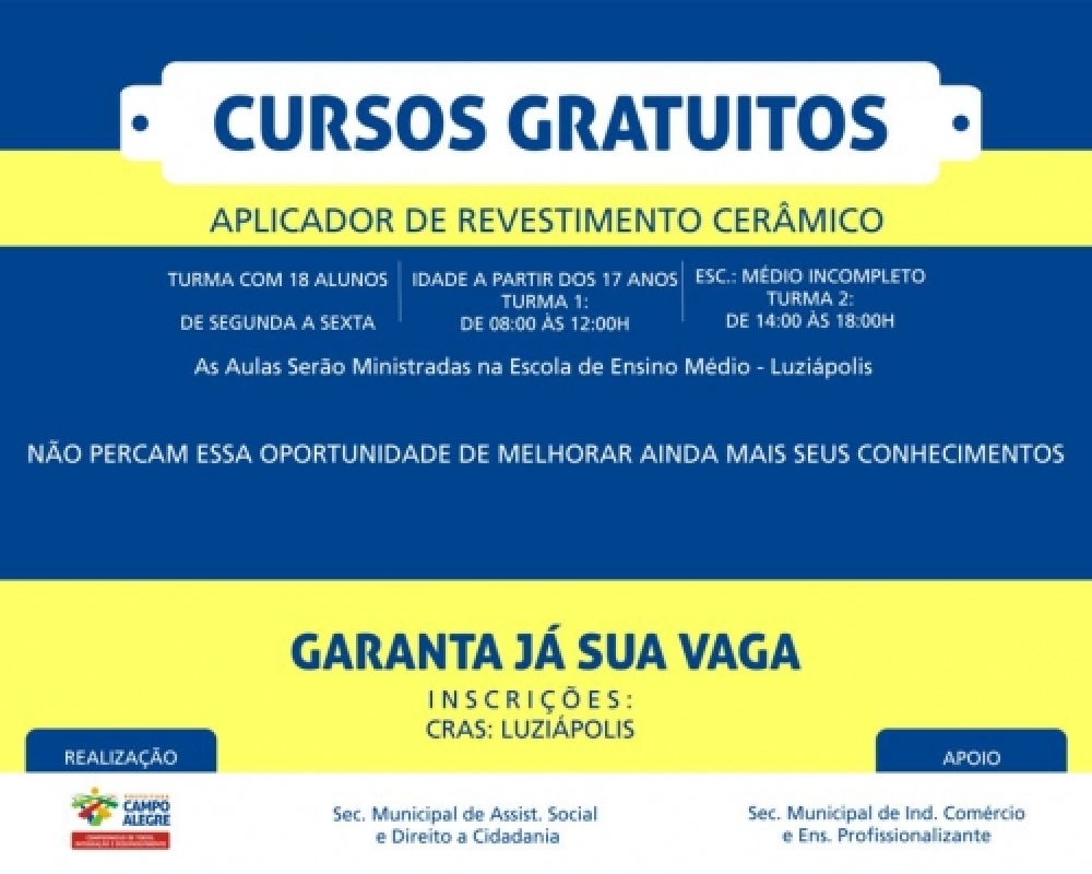 Prefeitura oferece cursos de Aplicador Cerâmico em Luziápolis