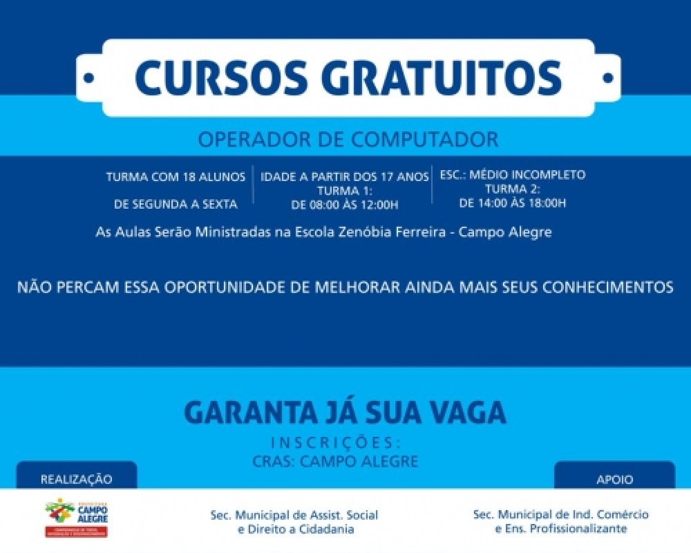 Cursos gratuitos: Prefeitura oferece novas vagas no curso de operador de computador