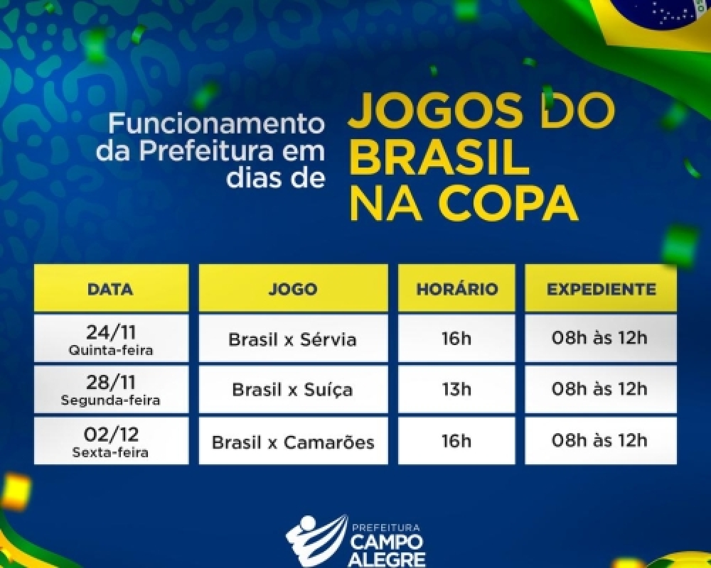 Prefeitura define horário especial de expediente nos dias de jogos do Brasil na Copa do Mundo 