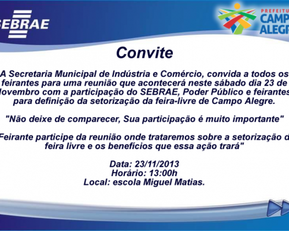 Convite - Reunião sobre a setorização da Feira-livre de Campo Alegre