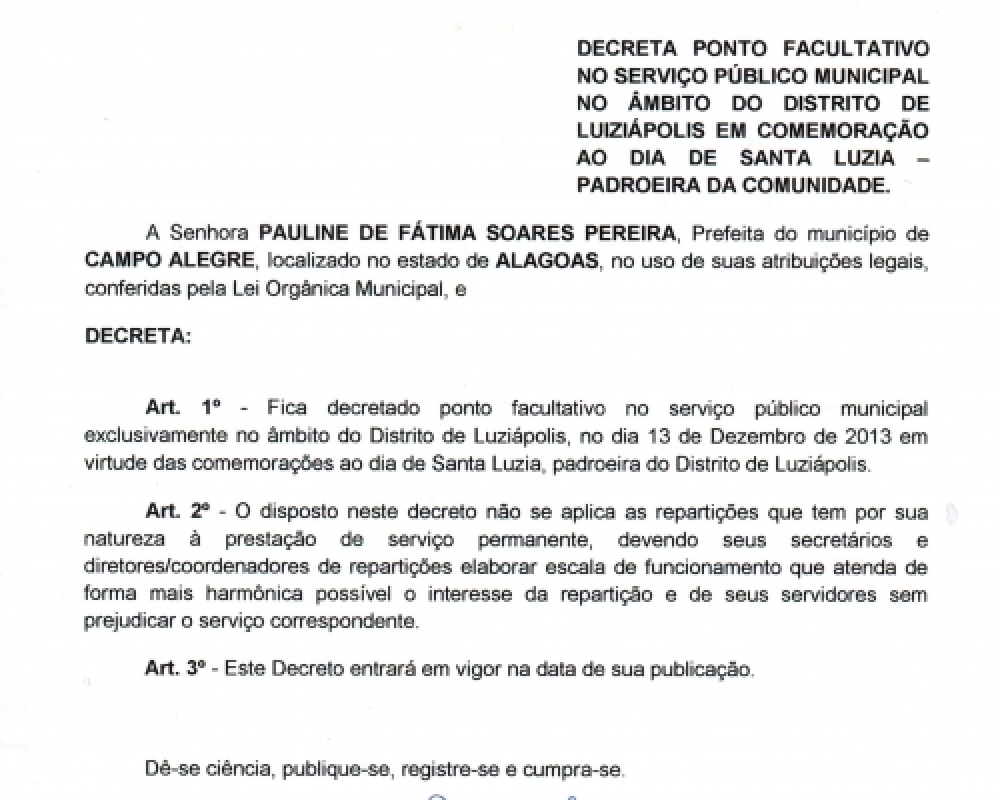 Prefeitura decreta Ponto Facultativo no Distrito de Luziápolis pela Festa de Santa Luzia